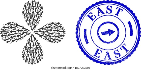 Forward arrow explosion flower with four petals, and blue round EAST grunge stamp seal with icon inside. Element whirlpool done from oriented forward arrow symbols.
