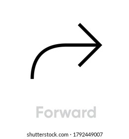 Forward arrow sign in flat style. Editable line vector. Single pictogram. Curved arrow icon. Thin linear badge referral to the right isolated on white background.