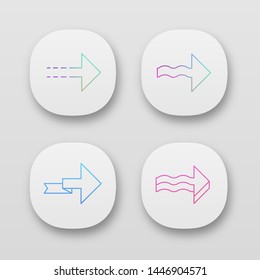 Forward arrows app icons set. Dotted, wavy, folding, next, forward. Rightward direction. Indicating arrowhead. UI/UX user interface. Web or mobile applications. Vector isolated illustrations