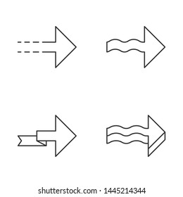 Forward arrows linear icons set. Dotted, wavy, folding, next, forward arrows. Indicating arrowhead. Navigation sign. Thin line contour symbols. Isolated vector outline illustrations. Editable stroke