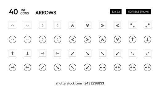 Forward, backward, swipe, scaling icon collection. Arrows editable outline vector icon set. Pixel Perfect. 