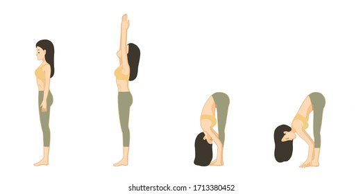 Forward bend yoga pose step by step Vector isolation on White background Cartoon vector yoga pose healthy and beauty