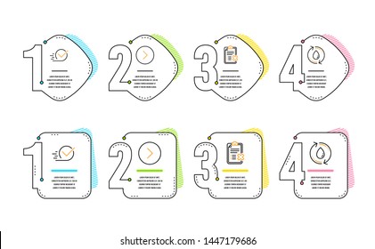 Forward, Checkbox and Reject checklist icons simple set. Refill water sign. Next direction, Approved, Decline file. Recycle aqua. Technology set. Infographic timeline. Line forward icon. Vector