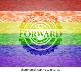 Forward emblem on mosaic background with the colors of the LGBT flag