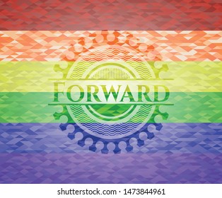 Forward emblem on mosaic background with the colors of the LGBT flag