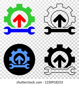 Forward gear repair EPS vector pictogram with contour, black and colored versions. Illustration style is flat iconic symbol on chess transparent background.