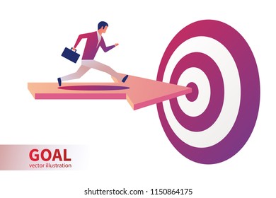 Forward to goal. Businessman on arrow runs to target. Path to goal. Business concept. Vector illustration flat design. Aspirational people. Challenge achieve aim.
