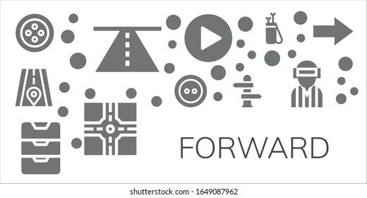 forward icon set. 11 filled forward icons.  Simple modern icons such as: Button, Road, Inbox, Direction, Play, Crossroad, Arrow, Player, Next