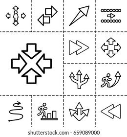 Forward icon. set of 13 outline forwardicons such as man move, fast forward, play back, curved arrow, move, man going up