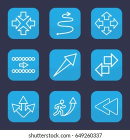 Forward icon. set of 9 outline forward icons such as play back, curved arrow, move, man going up