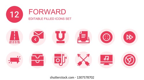 forward icon set. Collection of 12 filled forward icons included Road, Reply, Underline, Inbox, Button, Music player, Arrows, Fast forward, Chrome