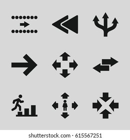 Forward icons set. set of 9 forward filled icons such as man move, play back, arrow, man going up, move