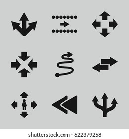 Forward icons set. set of 9 forward filled icons such as man move, play back, curved arrow, arrow