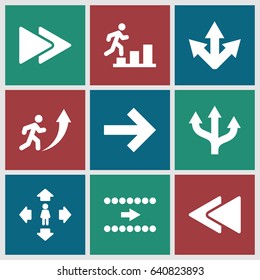 Forward icons set. set of 9 forward filled icons such as man move, play back, man going up
