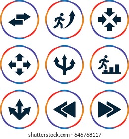 Forward icons set. set of 9 forward filled icons such as fast forward, play back, arrow, man going up