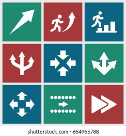 Forward icons set. set of 9 forward filled icons such as fast forward, man going up, arrow