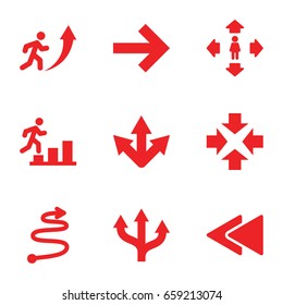 Forward icons set. set of 9 forward filled icons such as man move, play back, curved arrow, man going up, move, arrow