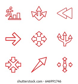 Forward icons set. set of 9 forward outline icons such as man move, play back, move, man going up, arrow