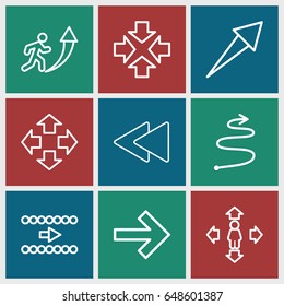 Forward icons set. set of 9 forward outline icons such as man move, play back, curved arrow, move, man going up, arrow