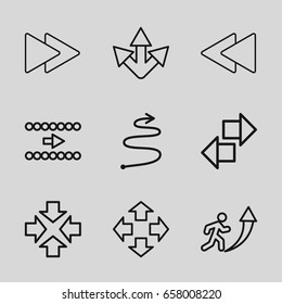 Forward icons set. set of 9 forward outline icons such as fast forward, play back, curved arrow, move, man going up