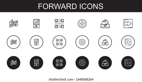 forward icons set. Collection of forward with road, music player, crossroads, button, inbox, fast forward. Editable and scalable forward icons.