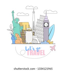 Forward Journey. Baggage is Already Collected Travel all countries World. Ready Go any Country. Square Flat Banner Lets Go Travel. All sights World Open to Viewing. Vector Illustration.