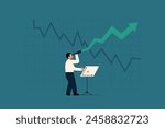 Forward Looking Growth Analysis. Businessman  with Telescope and Chart. Vector Business Illustration