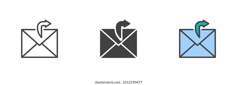 Forward mail different style icon set. Line, glyph and filled outline colorful version, outline and filled vector sign. Send email symbol, logo illustration. Vector graphics