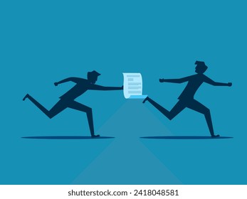 Forward the message. Businessman passes documents to colleagues