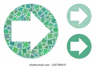 Forward mosaic of raggy elements in different sizes and color tinges, based on forward icon. Vector tremulant elements are grouped into illustration. Forward icons collage with dotted pattern.