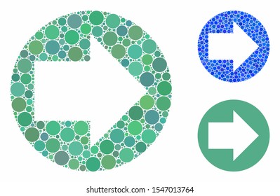 Forward mosaic of small circles in variable sizes and color hues, based on forward icon. Vector small circles are grouped into blue illustration. Dotted forward icon in usual and blue versions.
