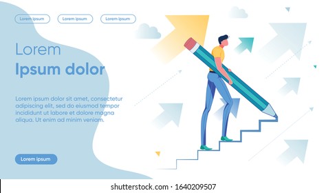 Forward Movement Flat Landing Page Vector Template. Professional Growth, Promotion, Perspective Vision Metaphor. Man with Pencil Drawing Stairs Faceless Character. Self-realization Homepage Layout