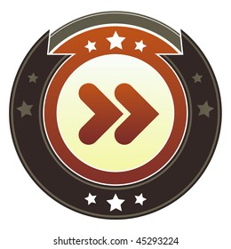 Forward, next, or skip media player icon on round red and brown imperial vector button with star accents