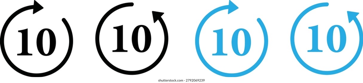Forward rewind ten seconds skip media icon set in black and blue vector