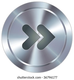 Forward or skip media player icon on round stainless steel modern industrial button suitable for use as a website accent, on promotional materials, or in advertisements.