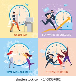 Forward to Sucess, Time Management, Stress on Work, Deadline Banner Set. Cartoon People Run. Work Problem, Schedule Organization. Winner Strategy, Career Promotion. Overtime Paperwork Vector