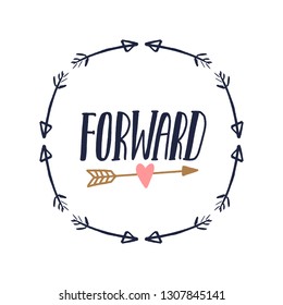 Forward text with boho tribal arrow frame, border. Tempting cute typography lettering postcard or poster. Vector illustration