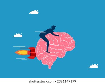 Forward thinking. Businessman controls his brain and flies forward