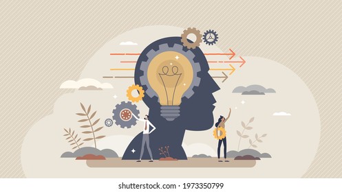 Forward thinking or leader solution for development ahead tiny person concept. Progress direction with innovative future vision vector illustration. Business ambitions and confident skill experience.