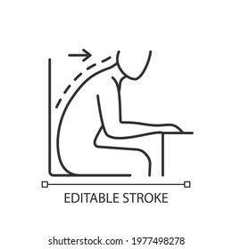 Forward tilted sitting position linear icon. Rounded shoulders and stance. Unsupported posture. Thin line customizable illustration. Contour symbol. Vector isolated outline drawing. Editable stroke