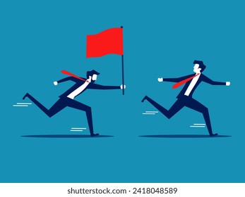 Forward victory. Businessman passes red flag to running colleague