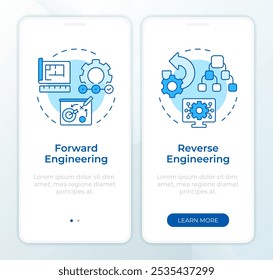 Forward vs reverse engineering blue onboarding mobile app screen. Walkthrough 2 steps editable graphic instructions with linear concepts. UI, UX, GUI template