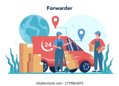 Concepto de reenviador. Cargador de uniforme que entrega una carga. Casilla de retenes del repartidor. concepto de servicio de transporte. Vector de ilustración plana aislado