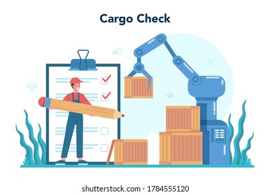 Concepto de reenviador. Cargador de uniforme que entrega una carga. Casilla de retenes del repartidor. concepto de servicio de transporte. Vector de ilustración plana aislado