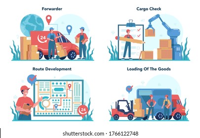 Forwarder concept set. Loader in uniform delivering a cargo. Delivery man holding box. Transportation service concept. Isolated flat illustration vector