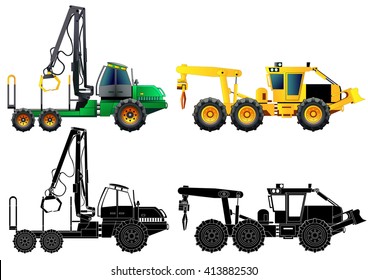 Forwarder forestry vehicle. Grapple skidder forestry vehicle. Side-view and silhouettes. Vector illustration, isolated on white. Flat style