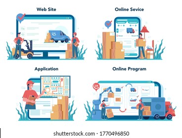 Servicio de reenvío en línea o conjunto de plataformas. Cargador de uniforme que entrega una carga. concepto de servicio de transporte. sitio Web, servicio en línea, aplicación, programa en línea. Vector de ilustración plana aislado