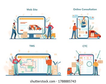 Forwarder online service or platform set. Transportation service concept. Loader in uniform holding a box. Website, online consultation, TMC, CTC. Isolated flat illustration vector