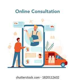 Forwarder online service or platform. Transportation service concept. Loader in uniform holding a box. Online consultation. Isolated flat illustration vector