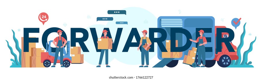 Forwarder typographic header concept. Loader in uniform delivering a cargo. Delivery man holding box. Transportation service concept. Isolated flat illustration vector